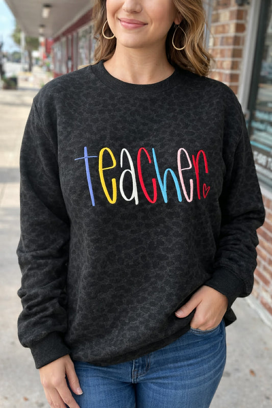 Leopard Print Teacher Embroidered Sweatshirt