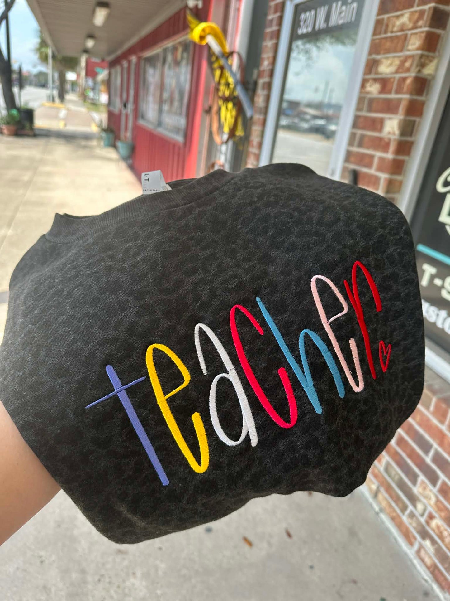 Leopard Print Teacher Embroidered Sweatshirt